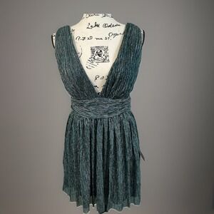 NWT Lulus Ailey‎ Gold and Teal Blue Skater Dess V Neck Sleeveless Party Cocktail